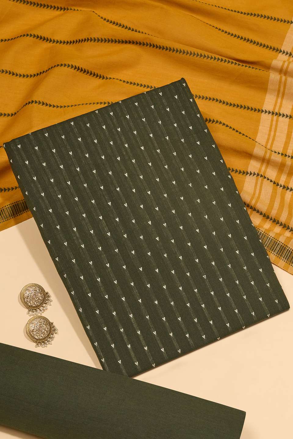 Dark Green Woven Pure Cotton Unstitched Suit Set
