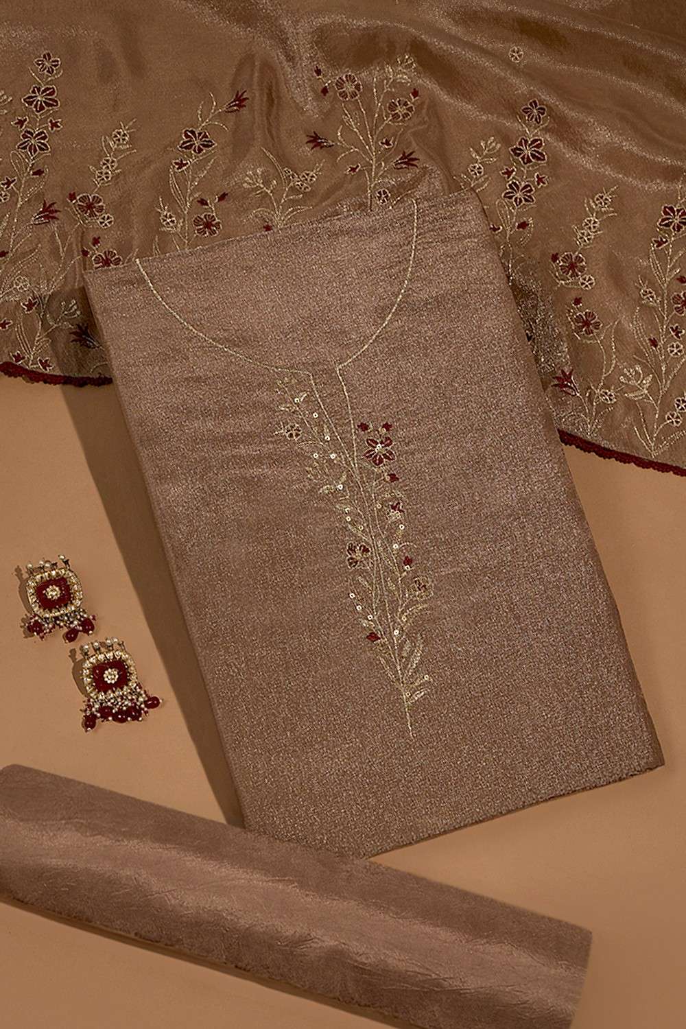 Brown Viscose Tissue Embroidered Unstitched Suit Set image number null