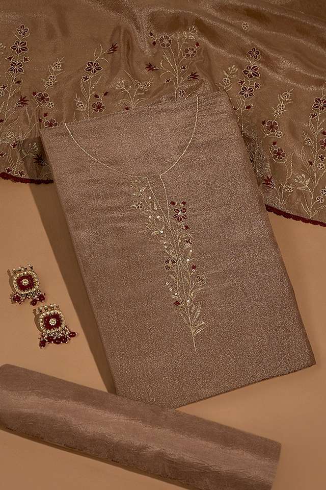 Brown Viscose Tissue Embroidered Unstitched Suit Set image number