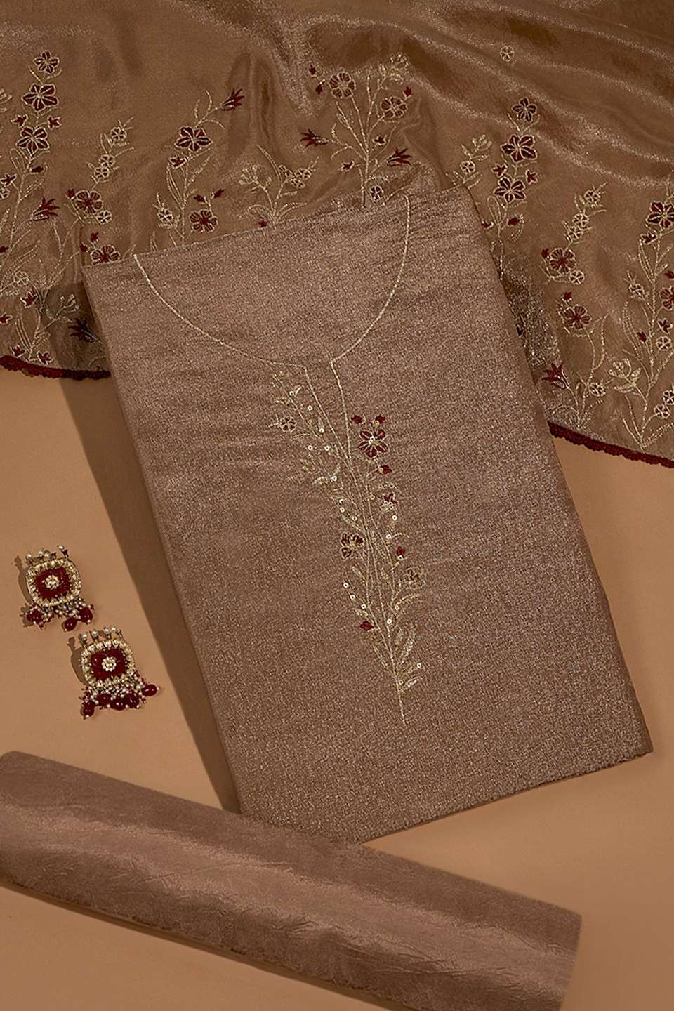 Brown Viscose Tissue Embroidered Unstitched Suit Set
