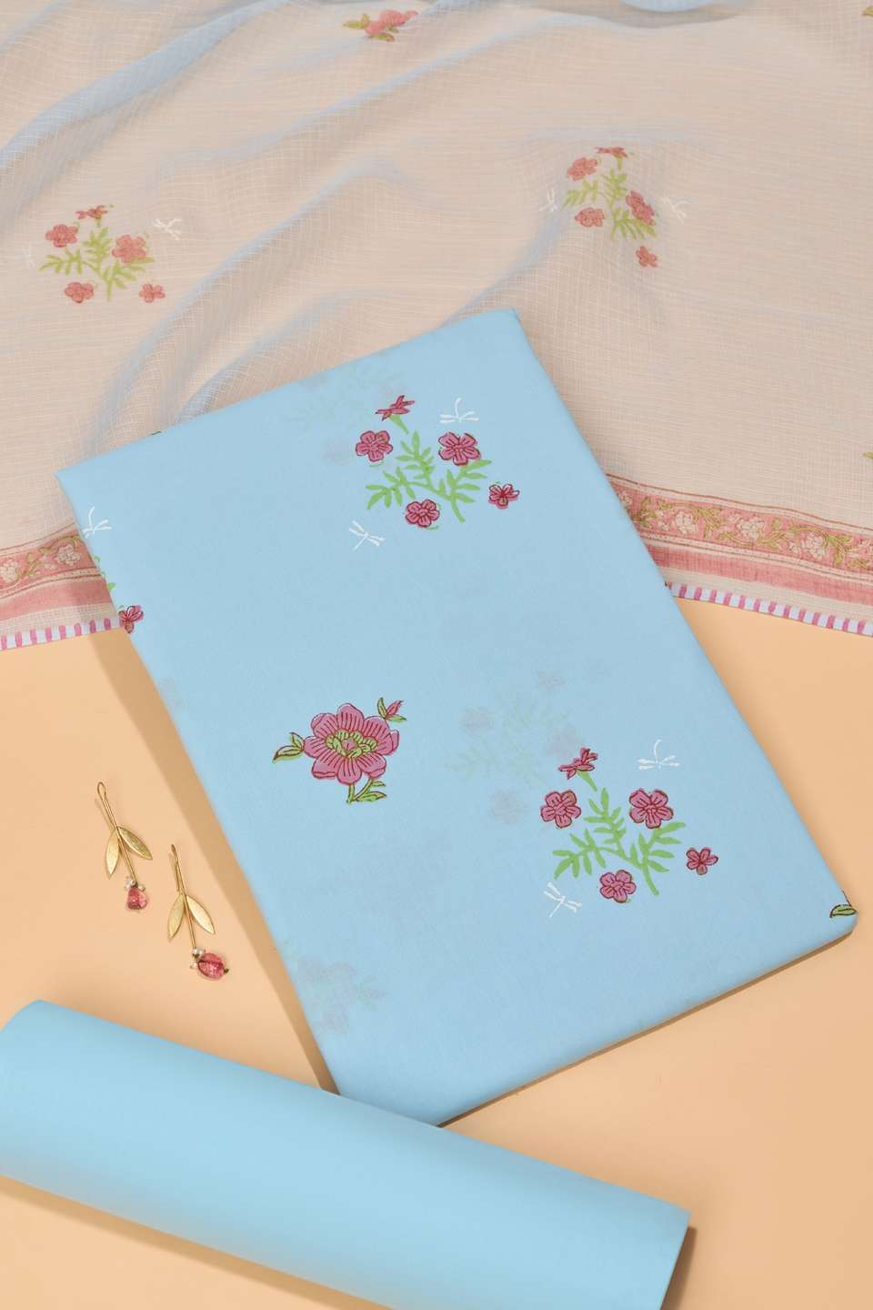 Light Blue Block Printed Pure Cotton Unstitched Suit Set