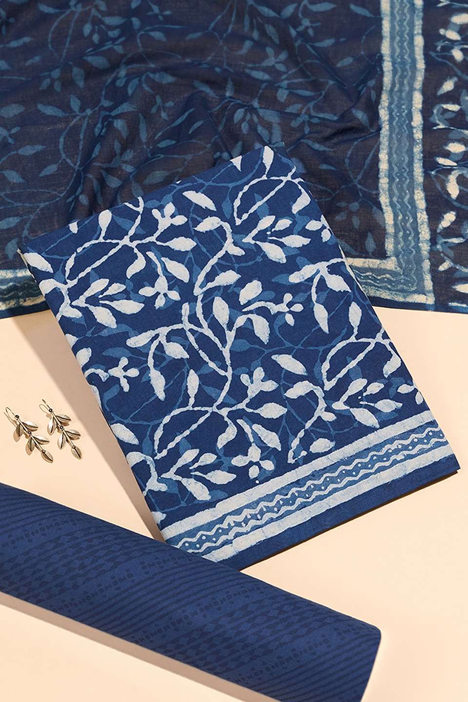 Dark Blue Pure Cotton Dabu Block Printed Unstitched Suit Set