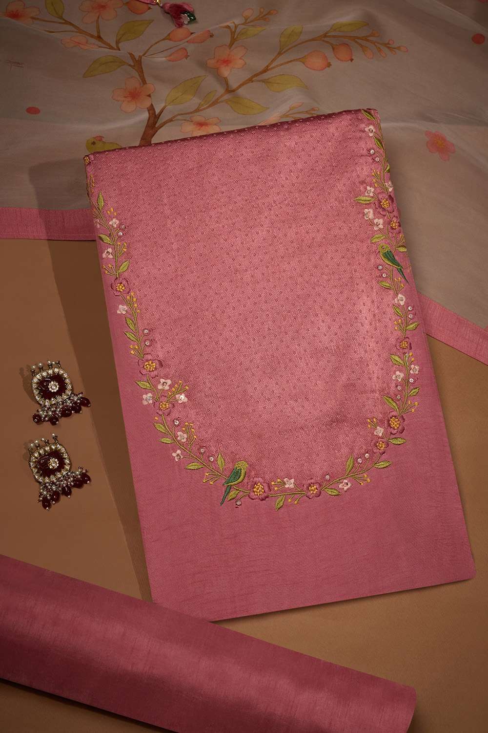 Pink Pure Viscose Embroidered Unstitched Suit Set image number null