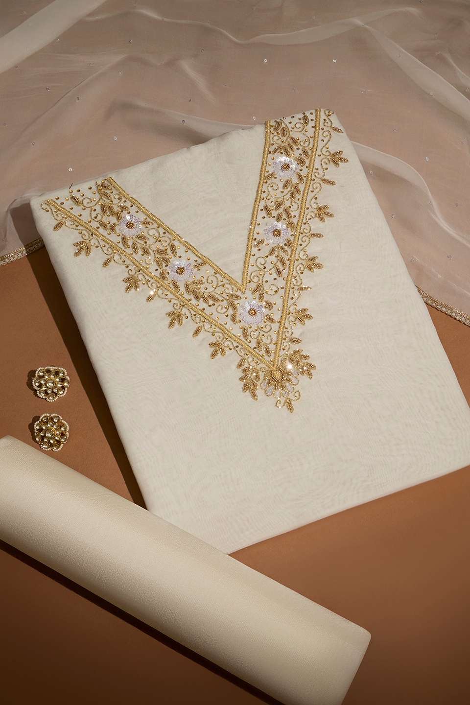 Off White Viscose Embroidered Unstitched Suit Set