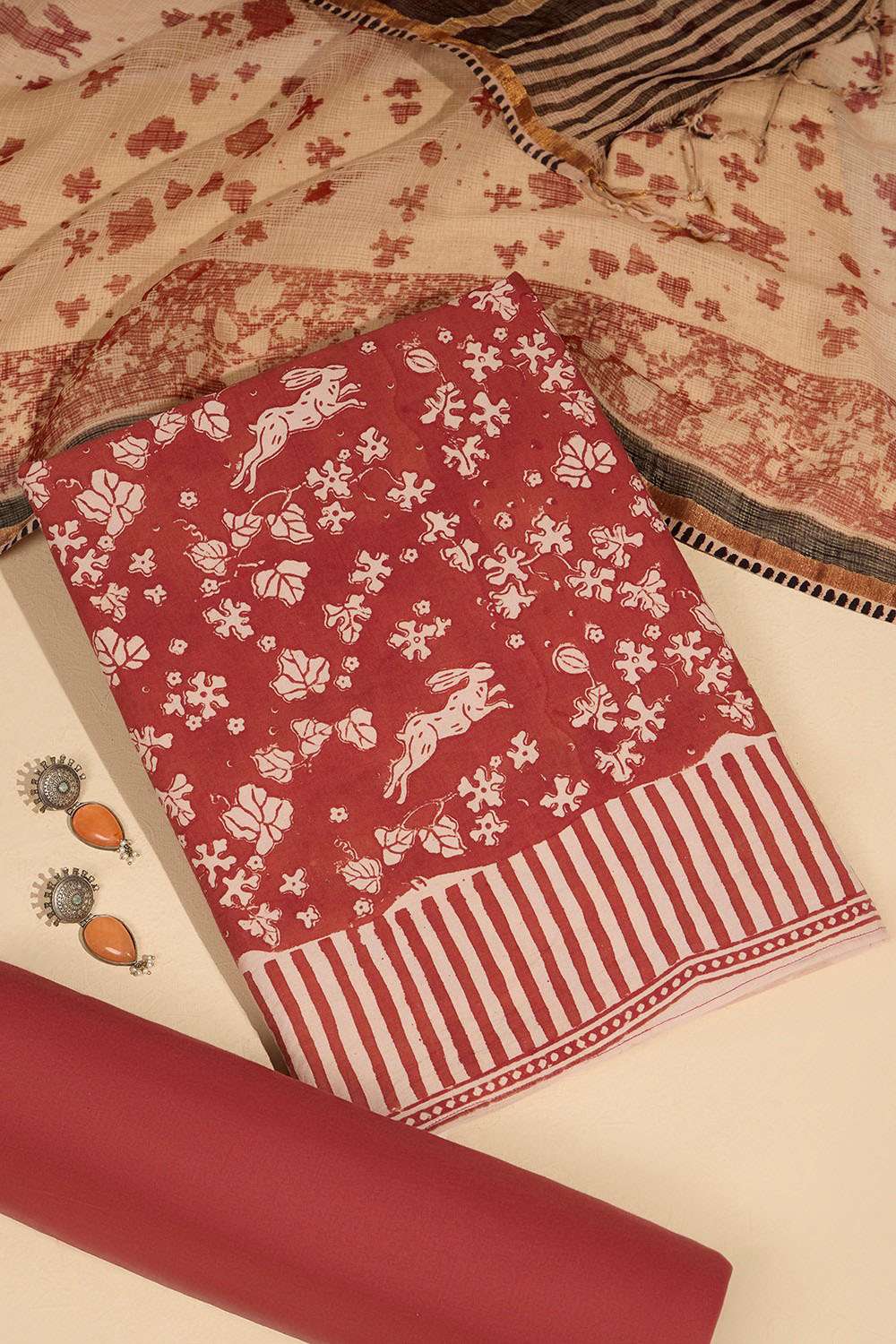 Dark Red Bagru Block Printed Pure Cotton Unstitched Suit Set image number null