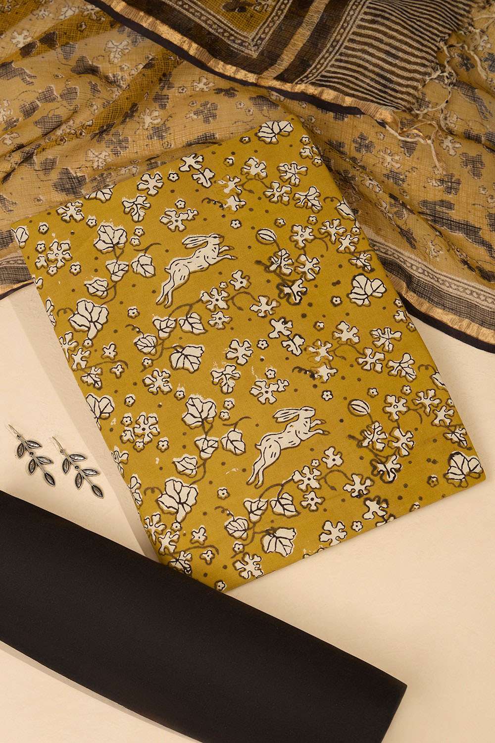 Dark Yellow Bagru Block Printed Pure Cotton Unstitched Suit Set image number null