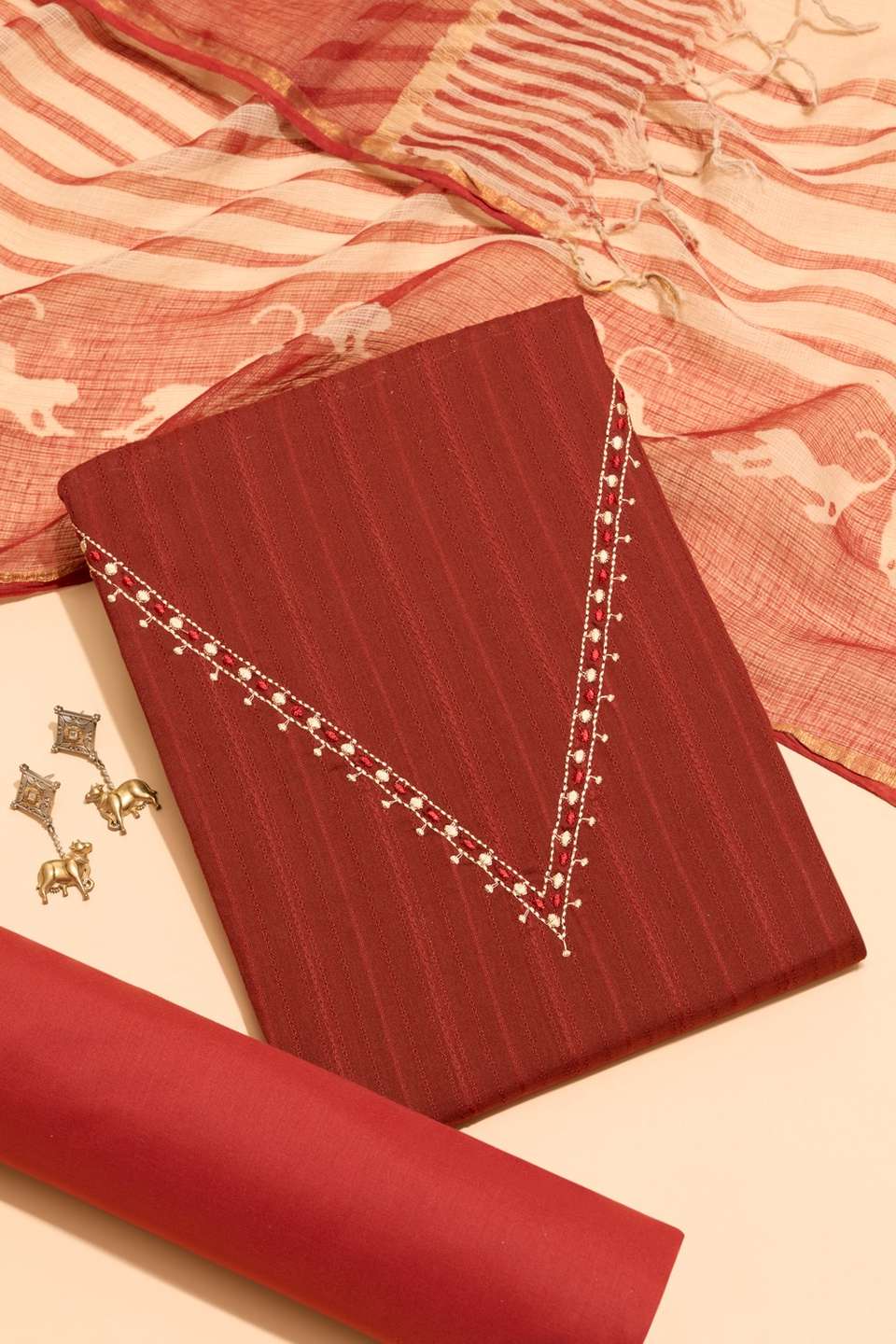 Dark Red Pure Cotton Embroidered Unstitched Suit Set