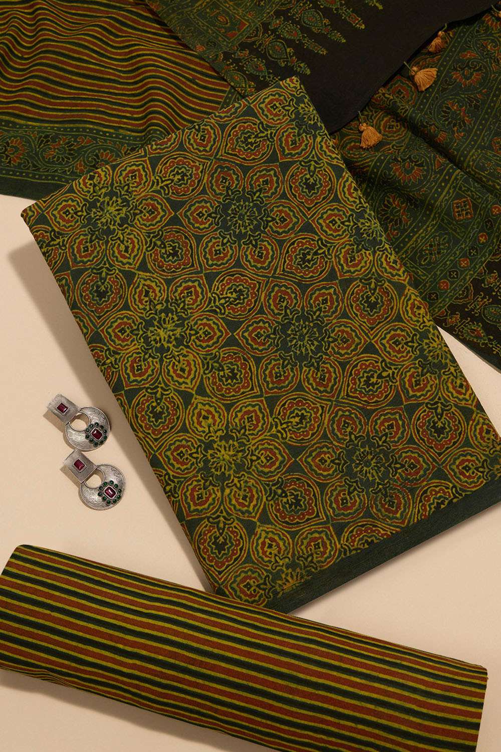 Dark Green Pure Cotton Ajrakh Unstitched Suit Set image number null