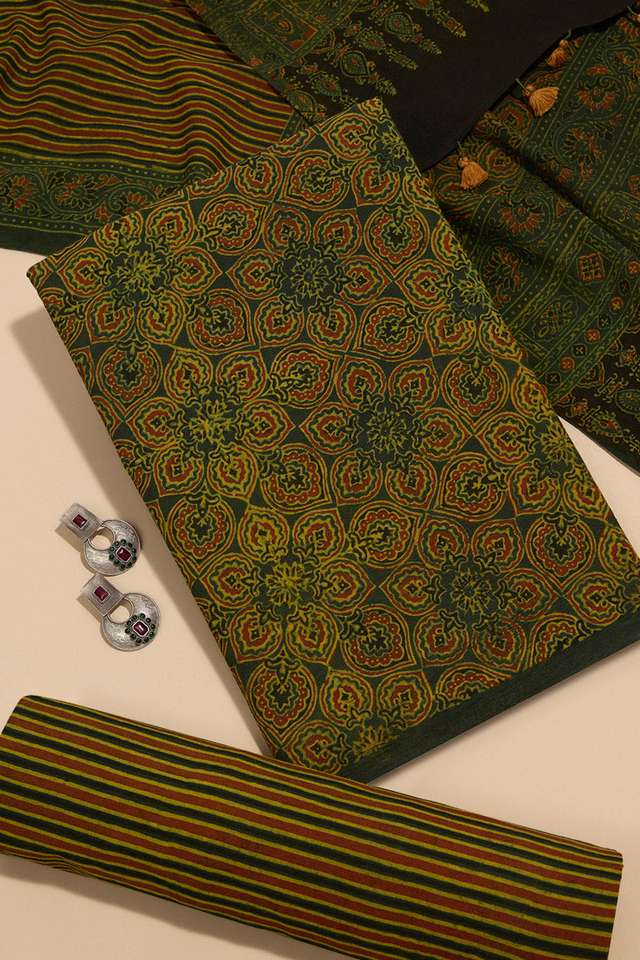 Dark Green Pure Cotton Ajrakh Unstitched Suit Set image number