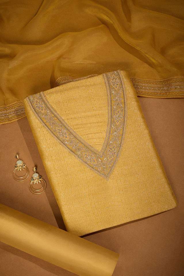 Yellow Pure Viscose Embroidered Unstitched Suit Set image number