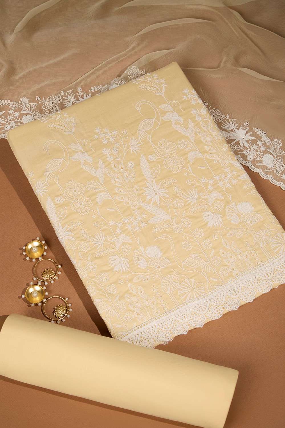 Light Yellow Schiffli Pure Cotton Unstitched Suit Set image number null