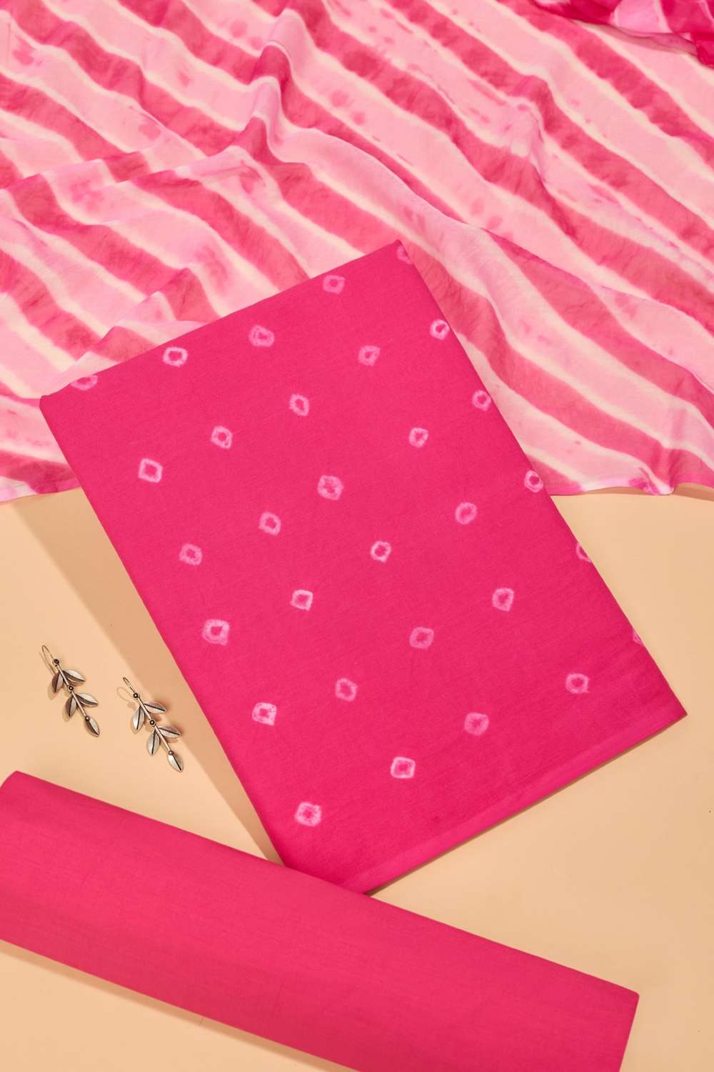 Dark Pink Pure Cotton Tie & Dye Bandhni Unstitched Suit Set image number null