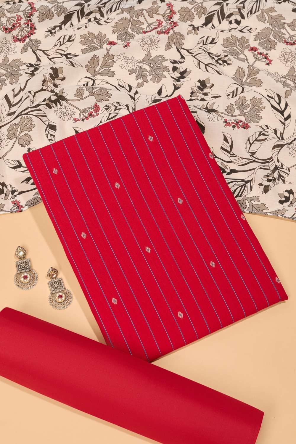 Red Woven Pure Cotton Unstitched Suit Set image number null
