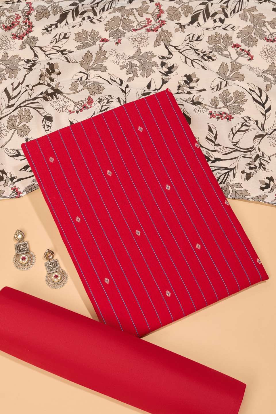 Red Woven Pure Cotton Unstitched Suit Set