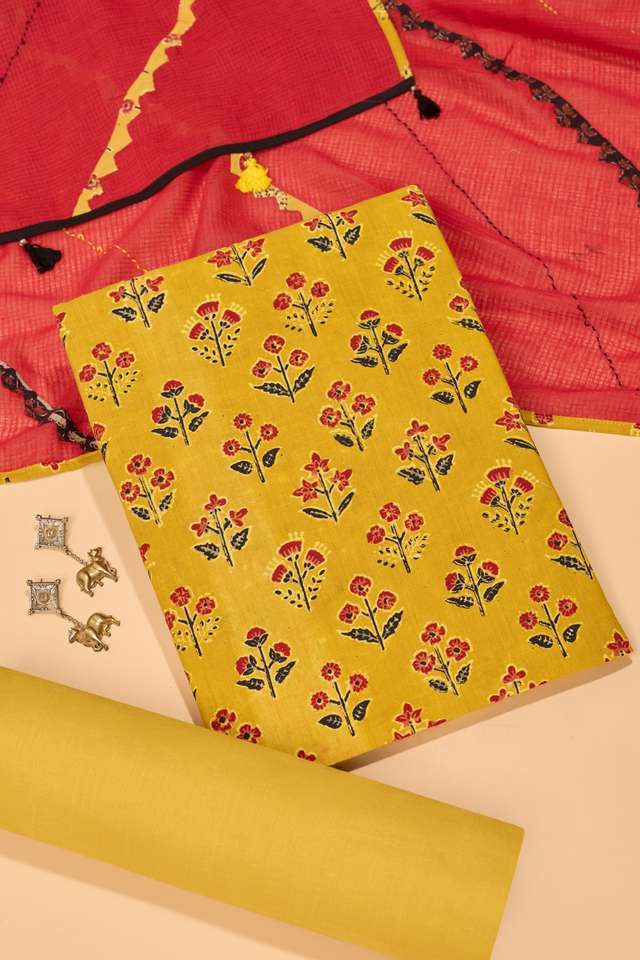 Yellow Pure Cotton Ajrakh Unstitched Suit Set image number