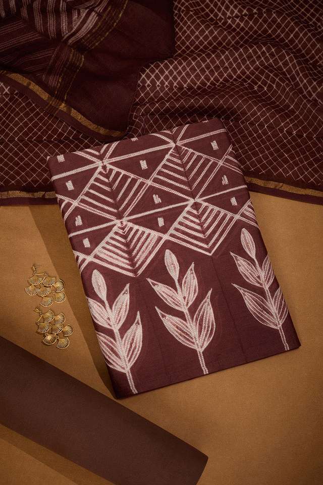 Brown Mukaish Pure Silk Cotton Unstitched Suit Set image number