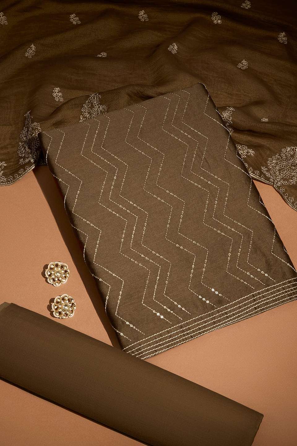 Brown Pure Silk Cotton Embroidered Unstitched Suit Set