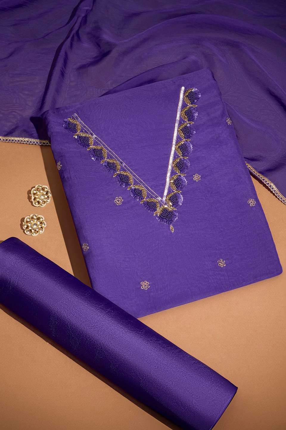 Dark Violet Viscose Embroidered Unstitched Suit Set