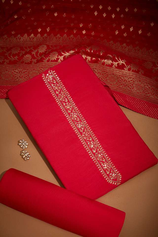 Red Viscose Embroidered Unstitched Suit Set image number