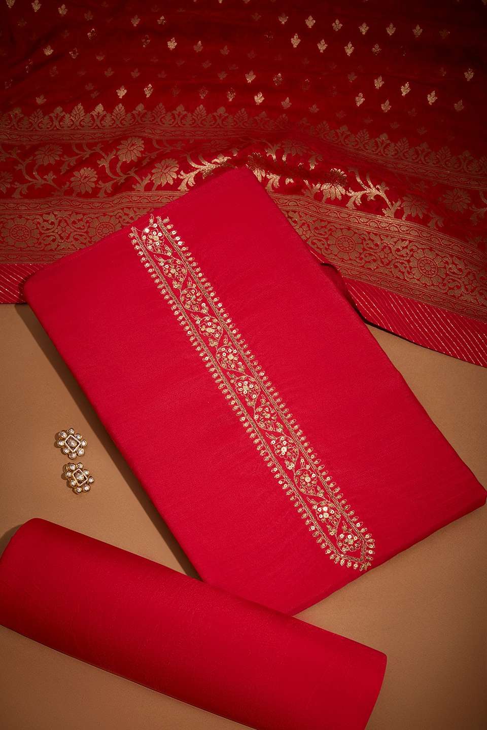 Red Viscose Embroidered Unstitched Suit Set