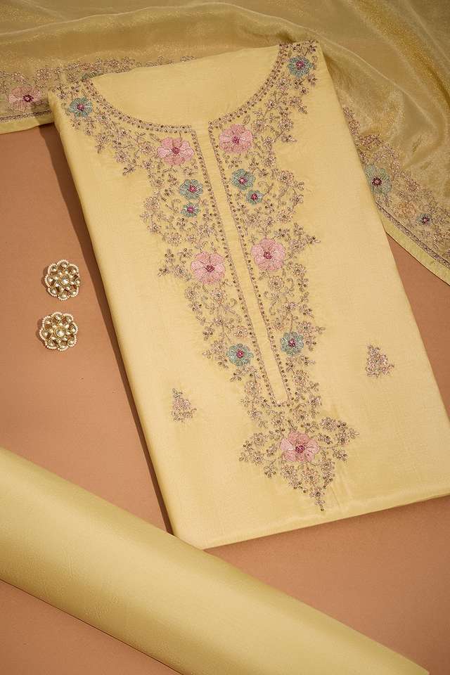 Yellow Viscose Embroidered Unstitched Suit Set image number